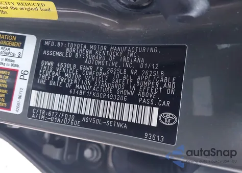 2012 Toyota Camry Le from USA, damaged, VIN 4T4BF1FK0CR193206